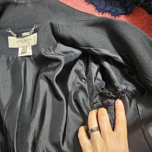 Karen Millen Black Trench Coat Wool US 4 Belted Designer Tailored Quiet Luxury - Picture 6 of 13